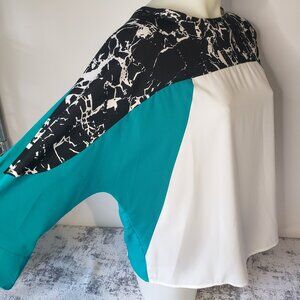 Calvin Klein Blouse Turquoise Black White 3/4 Sleeve